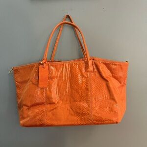 Blythe Orange Snakeskin Tote Woven Faux Leather Large Travel Bag 12”x 24”x 7”